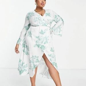 ASOS DESIGN Curve bias cut satin white and green floral wrap dress tie waist